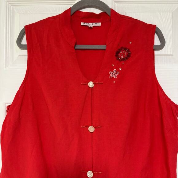 Jennifer Women Coral Red Sequin Embroidered Linen Blend Sleeveless Top Size 16 - Picture 2 of 16